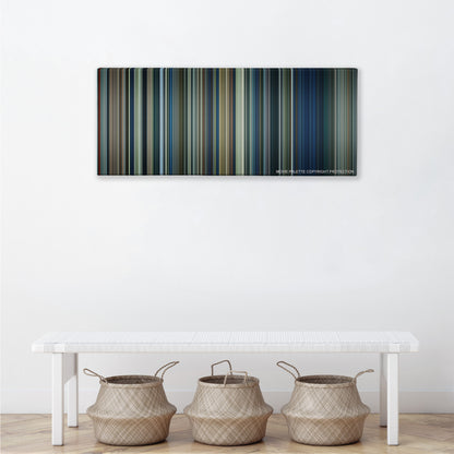 The Lord of the Rings: The Two Towers color palette canvas above a white bench with three woven baskets