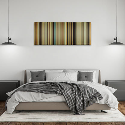 The Magnificent Seven color palette canvas above a bed, between two black pendant lamps