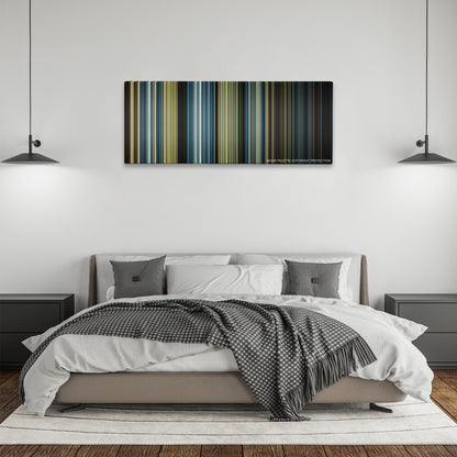 Assassin's Creed color palette canvas above a bed, between two black pendant lamps