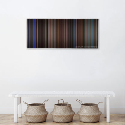 Weird Science color palette canvas above a white bench with three woven baskets