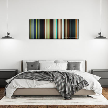 The Guard color palette canvas above a bed, between two black pendant lamps