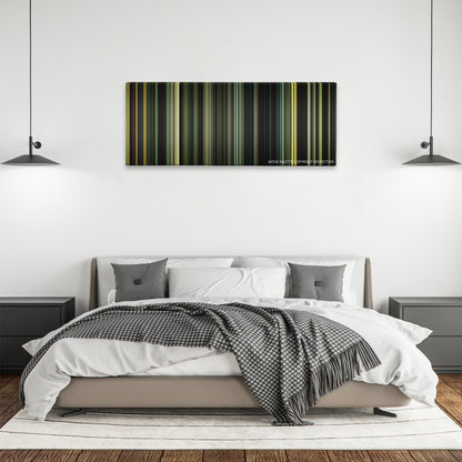 The Lost City of Z color palette canvas above a bed, between two black pendant lamps