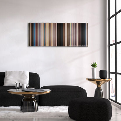 We're the Millers color palette canvas above a black sofa with a gold-topped table