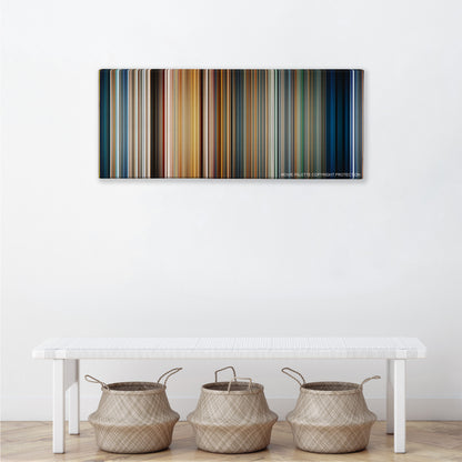 Titanic color palette canvas above a white bench with three woven baskets