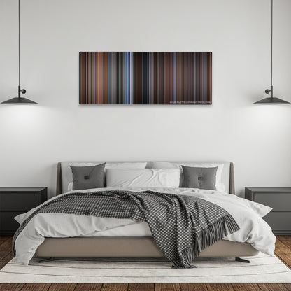 Sleepers color palette canvas above a bed, between two black pendant lamps