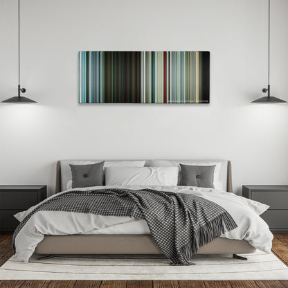 The Hitman's Bodyguard color palette canvas above a bed, between two black pendant lamps