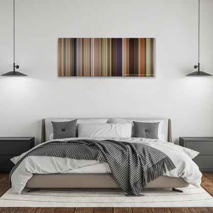 17 Again color palette canvas above a bed, between two black pendant lamps