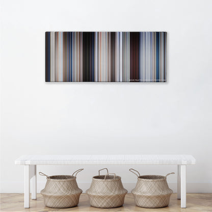 Jaws color palette canvas above a white bench with three woven baskets