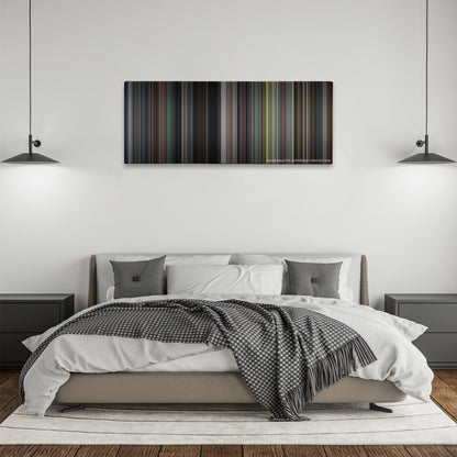 Secret Window color palette canvas above a bed, between two black pendant lamps