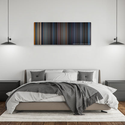 Godzilla color palette canvas above a bed, between two black pendant lamps