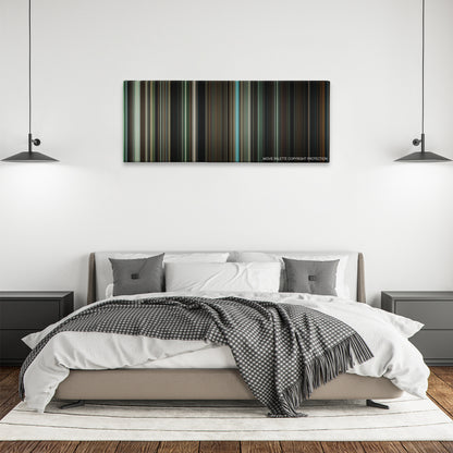 The Boy color palette canvas above a bed, between two black pendant lamps