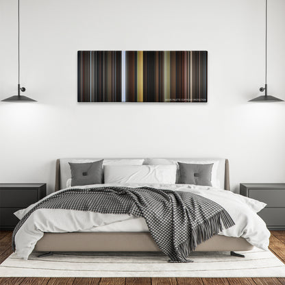Angel Heart color palette canvas above a bed, between two black pendant lamps