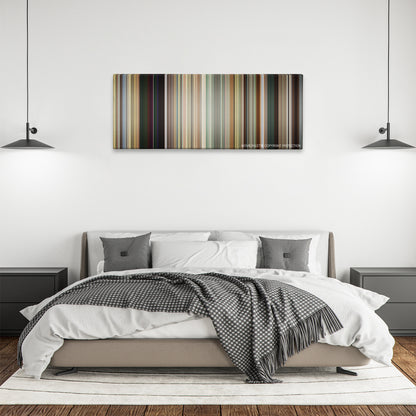 Dope color palette canvas above a bed, between two black pendant lamps