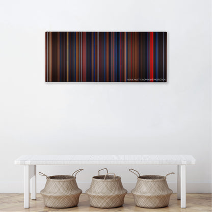 Flatliners color palette canvas above a white bench with three woven baskets
