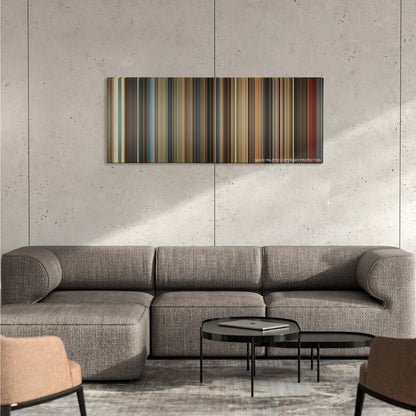 Inferno color palette canvas on a concrete wall above a gray sectional sofa