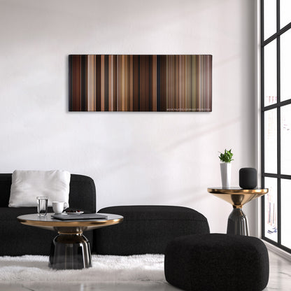 Back to the Future Part III color palette canvas above a black sofa with a gold-topped table