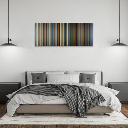I, Tonya color palette canvas above a bed, between two black pendant lamps