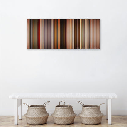 Pulp Fiction color palette canvas above a white bench with three woven baskets