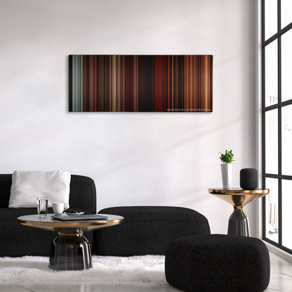 Gangs of New York color palette canvas above a black sofa with a gold-topped table