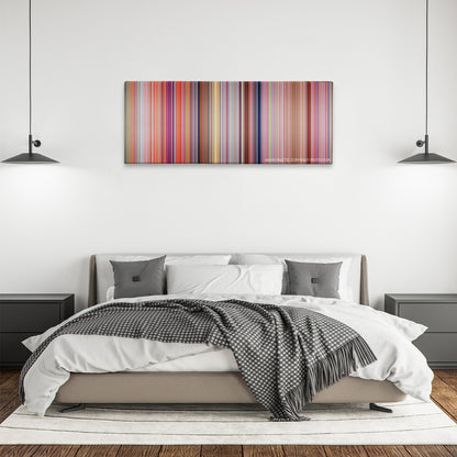 The Angry Birds Movie color palette canvas above a bed, between two black pendant lamps