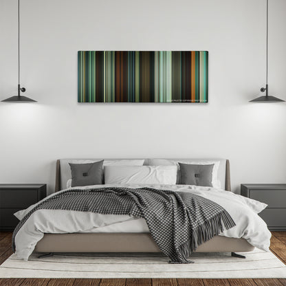 Shame color palette canvas above a bed, between two black pendant lamps