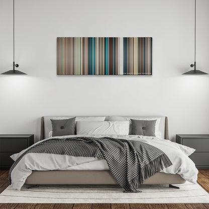 Blue Valentine color palette canvas above a bed, between two black pendant lamps