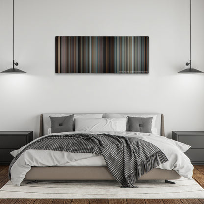 The Next Three Days color palette canvas above a bed, between two black pendant lamps