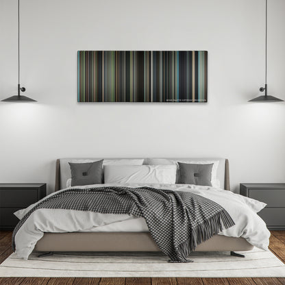 The Judge color palette canvas above a bed, between two black pendant lamps