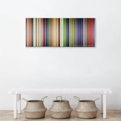 The Lion King color palette canvas above a white bench with three woven baskets