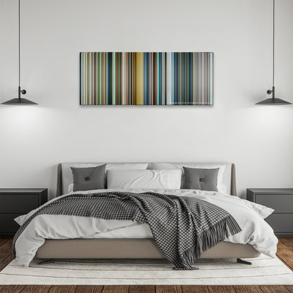 War Dogs color palette canvas above a bed, between two black pendant lamps