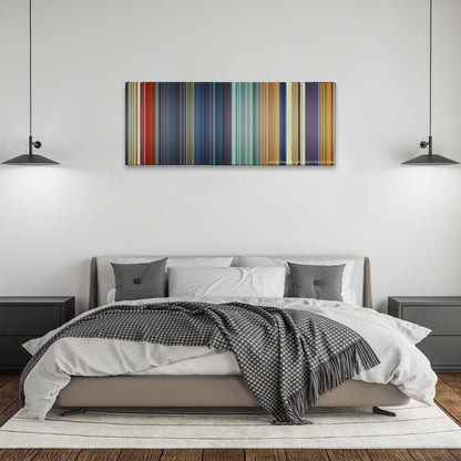 The Emperor's New Groove color palette canvas above a bed, between two black pendant lamps