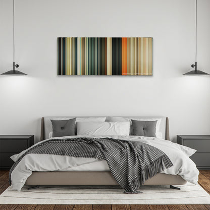 Wrath of the Titans color palette canvas above a bed, between two black pendant lamps