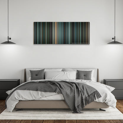Eagle Eye color palette canvas above a bed, between two black pendant lamps