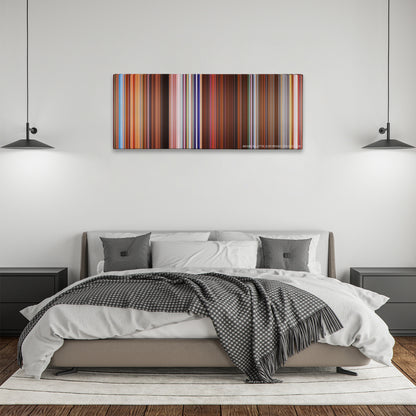 Charlie's Angels color palette canvas above a bed, between two black pendant lamps