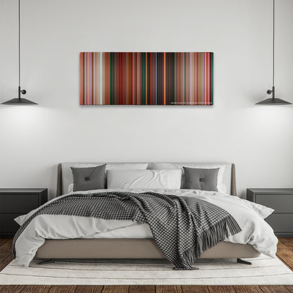 Sausage Party color palette canvas above a bed, between two black pendant lamps