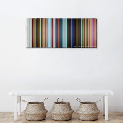 Penguins of Madagascar color palette canvas above a white bench with three woven baskets