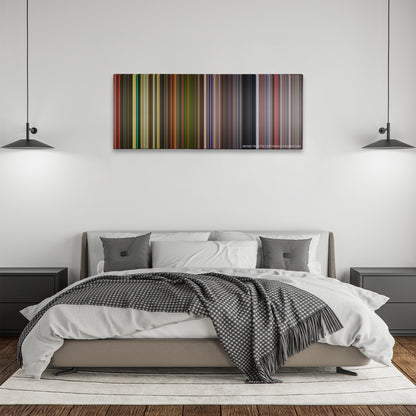 Grindhouse color palette canvas above a bed, between two black pendant lamps