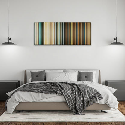 Wild Tales color palette canvas above a bed, between two black pendant lamps