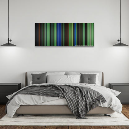 Saw III color palette canvas above a bed, between two black pendant lamps