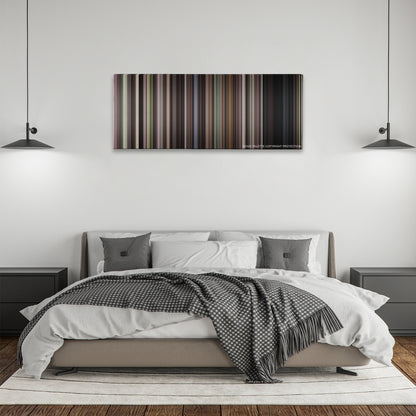 Adaptation. color palette canvas above a bed, between two black pendant lamps