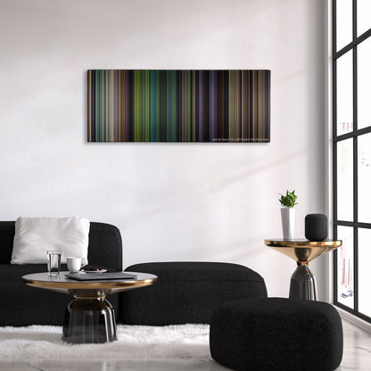 Tropic Thunder color palette canvas above a black sofa with a gold-topped table