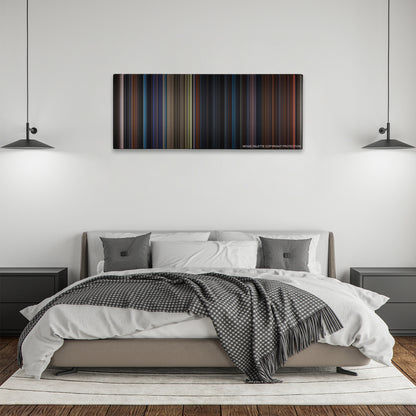 Jupiter Ascending color palette canvas above a bed, between two black pendant lamps