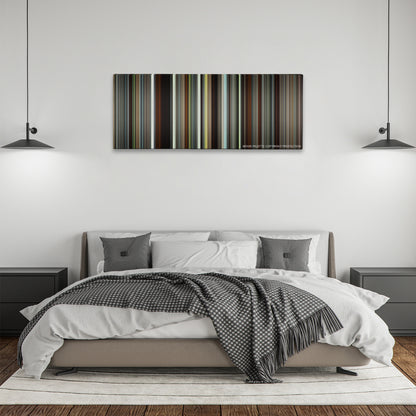 The Favourite color palette canvas above a bed, between two black pendant lamps