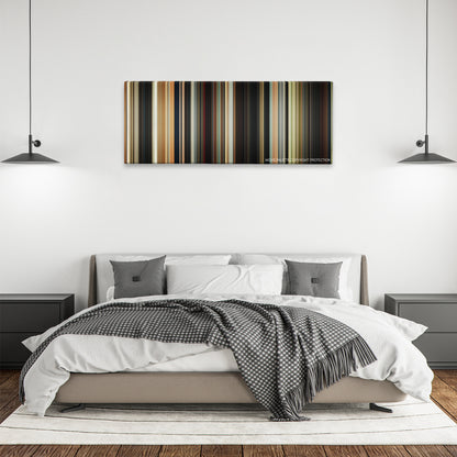 Brightburn color palette canvas above a bed, between two black pendant lamps