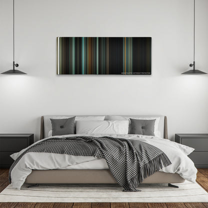 The Woman in Black color palette canvas above a bed, between two black pendant lamps