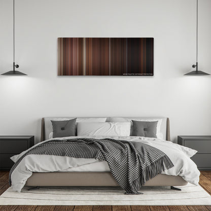 The Man from Earth color palette canvas above a bed, between two black pendant lamps