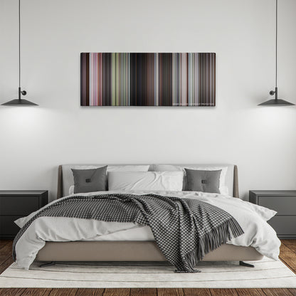 Goldfinger color palette canvas above a bed, between two black pendant lamps