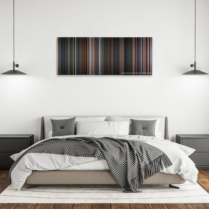 Final Fantasy: The Spirits Within color palette canvas above a bed, between two black pendant lamps