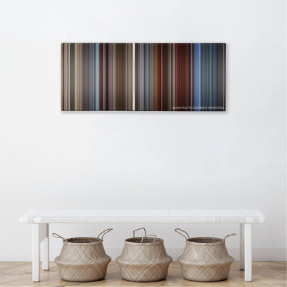 Sky High color palette canvas above a white bench with three woven baskets
