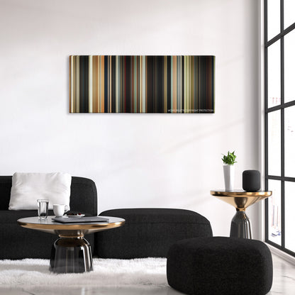 Brightburn color palette canvas above a black sofa with a gold-topped table